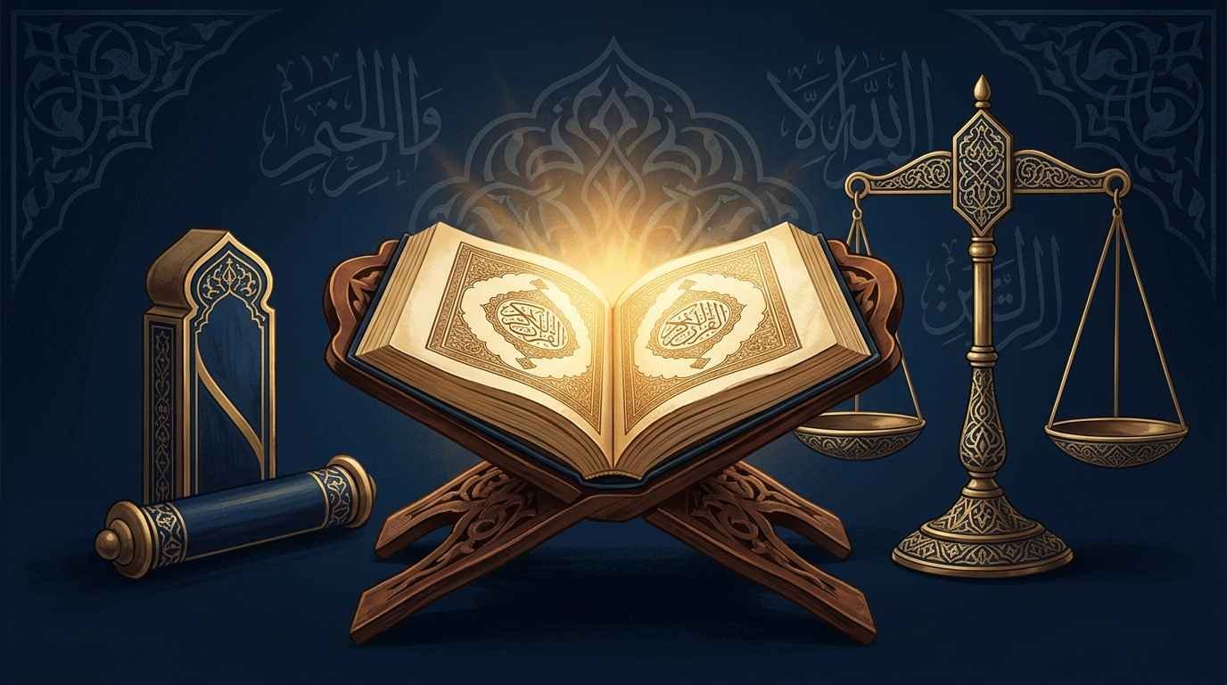 A powerful and symbolic editorial illustration representing
Islamic religious ruling and divine prohibition.Center of the image: An open Quran with glowing golden light
radiating from its pages, placed on a wooden stand.Surrounding elements: A judge's scale (Scales of Justice)
rendered in Islamic geometric style, symbolizing Sharia law
and divine judgment.Background: Deep navy blue with subtle Islamic arabesque
patterns and calligraphy suggesting authority and sacred law.Atmosphere: Serious, reverent, and authoritative — conveying
the weight of religious prohibition.Style: High-quality digital editorial illustration,
cinematic lighting, gold and deep blue color palette,
4K resolution, no people, no dark magic symbols,
حكم السحر السفلي بدم الحيض في الشريعة الإسلامية