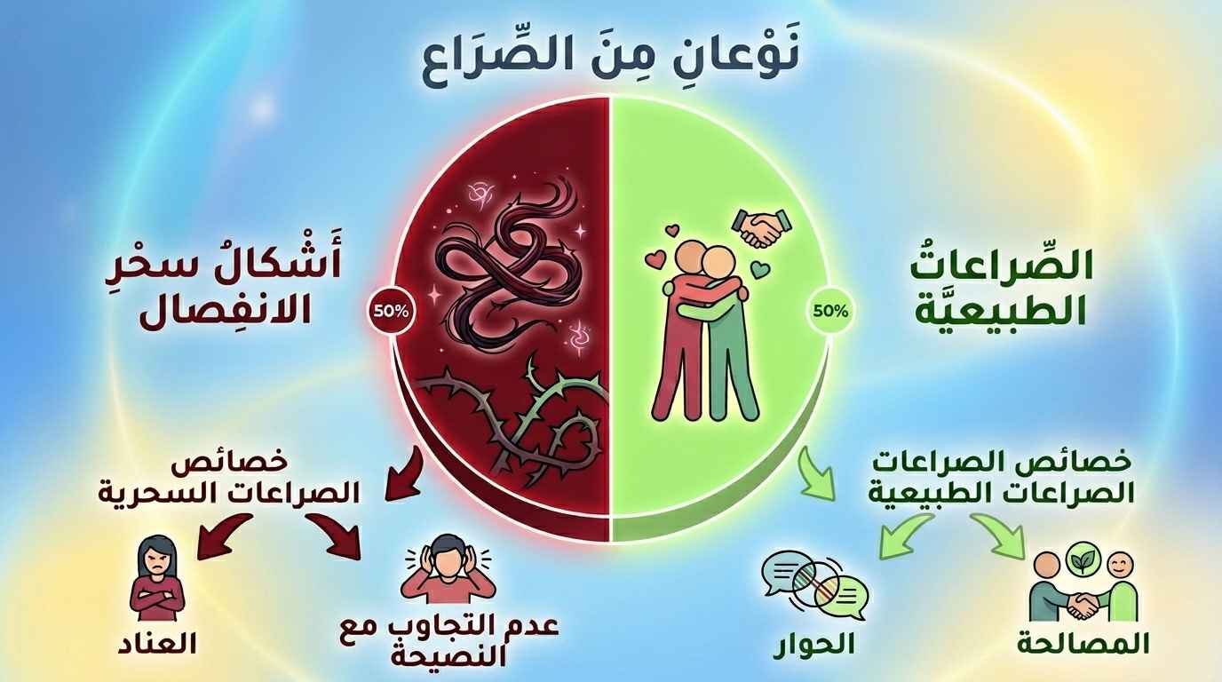 رسمة كرتونية لزوجين جالسين معاً في غرفة المعيشة، ويحيط بهما هالة نورانية (التحصين) وكتب قرآن وأذكار على الرف، بينما خارج الهالة توجد أسهم متجهة نحوهم تحمل رموزاً سلبية (غضب، شك، تعويذات) لكنها ترتد ولا تصيب الهالة، يعبر المشهد عن الحماية والتحصين ضد أساليب السحرة.